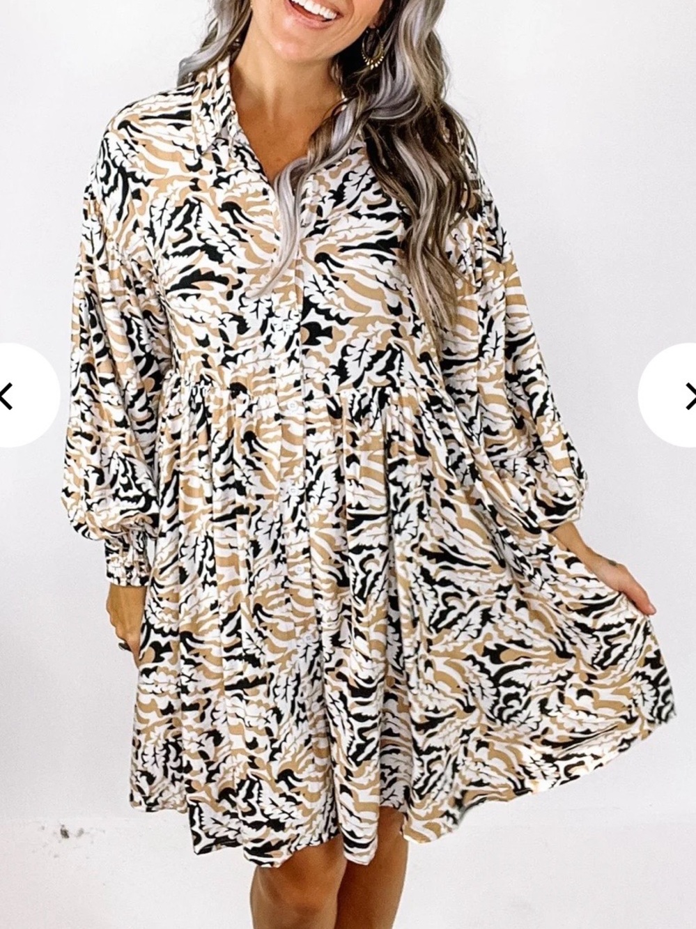 She + Sky Beige Black White Abstract Tiered Mini Dress